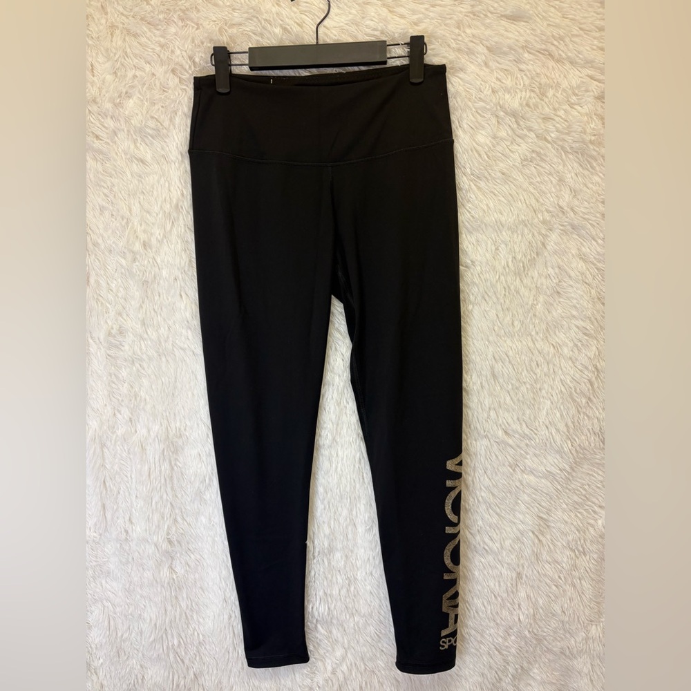 Victoria’s Secret Sport Black Leggings w/ Gold Glitter “Victoria Sport” Size M✨